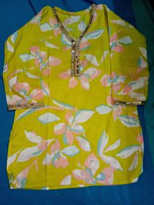 Floral Print Kurta with Embellished Neckline