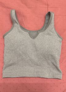 Grey Ribbed V-Neck Crop Tank Top (Built in padding