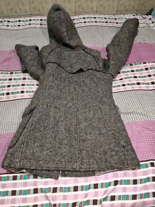 Gray Hooded Wool Blend Coat