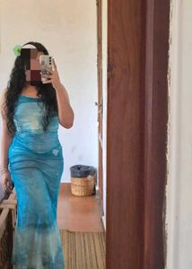 Blue y2k beach dress.Ombre Strapless Maxi Dress