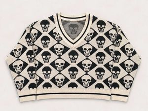 SKULL PATTERN V-NECK KNIT SWEATER