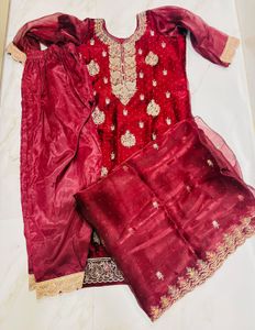 Maroon Embroidered Festive Suit Set with Dupatta