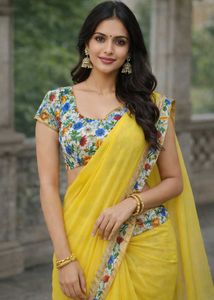 Vibrant Yellow Saree with Floral Blouse