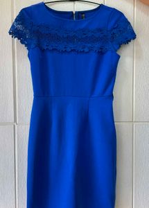 Blue Lace Detail Cap Sleeve Dress