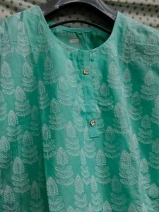 Aqua Blue short Kurta with White Embroidery