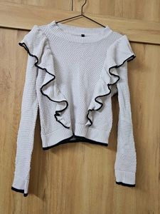 Chic White Ruffle Knit Sweater