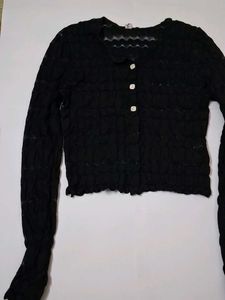 Black Textured Button-Up Top