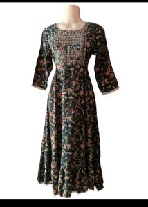 Elegant Floral Printed Anarkali Maxi Dress with Em