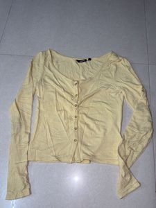 Butter Yellow Ribbed Button-Up Long Sleeve Top
