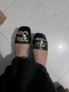 Stylish Black Chain Detail Slide Sandals