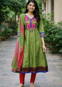 LessUsedGreen Anarkali KurtiSet - Top+Chudi+Dupatt