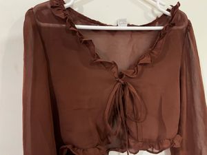 Sheer Tie-Front Frill-Trim Cropped Blouse