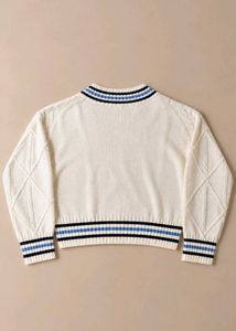 IVORY CABLE-KNIT VARSITY V-NECK SWEATER