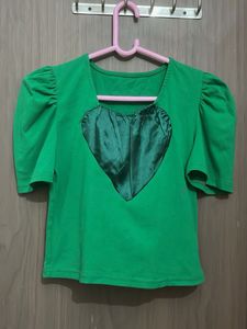 Branded Green Puff Sleeve Top with Heart Detail