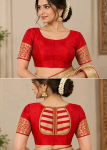 Elegant Red Silk Blouse with Golden Border