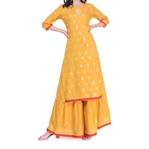 Gottapatti Yellow Kurti Sharara Set.