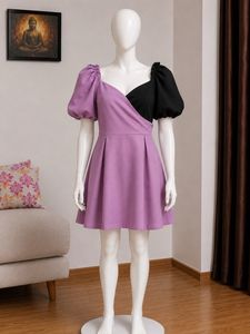 Chic Colorblock Puff Sleeve Dress