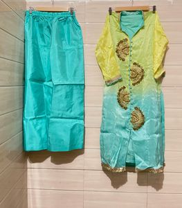 Zari work Elegant Teal &amp; Lime Kurta Set with banar