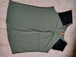 Olive Green Top with Black Lace Accents