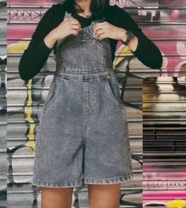 Gray Wash Denim Overalls Shorts