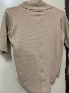 Beige Ribbed Zip Neck Top