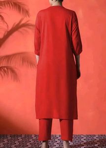 Red Heart Embroidered Cotton Kurta  Set