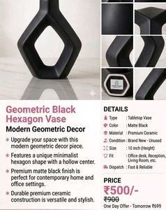 Brand New Geometric Black Hexagon Vase | Modern