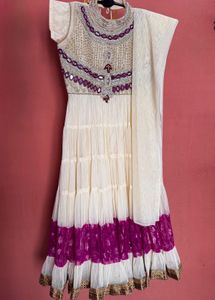 Elegant White and Purple Anarkali Dress