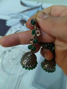 Elegant Jhumka Earrings with Green Stones