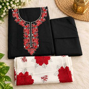 Embroidered Black Kurta Set with Red Floral Print