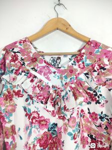 White Floral Print Bell Puff Sleeves Top (Women's)