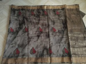 Elegant Smoke Grey✨  Hand Embroidered Saree