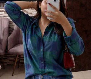 Check print green cotton shirt