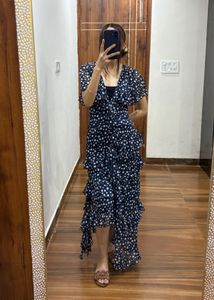 Navy Blue Polka Dot Ruffle detailing Maxi Dress
