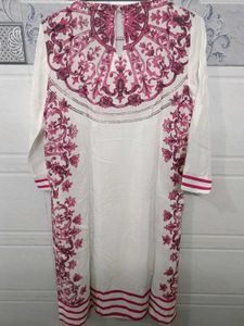 White Kurta with Pink Print and sequins on sleeves