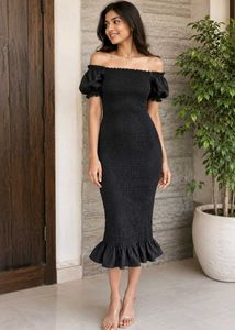 Zara Smocked Puff Sleeve off shoulder dress