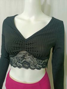 Chic Black Lace Trim Crop Top Fixed Price