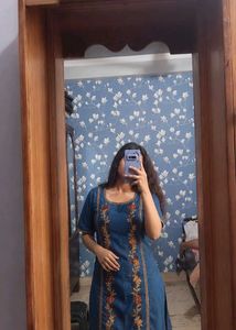 Embroidered Denim Kurta