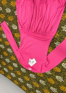 Vibrant Pink Ribbed Long Sleeve Baloon dress
