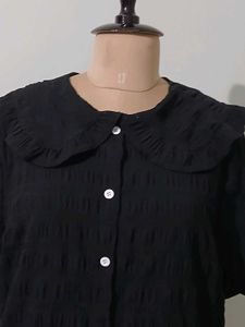 Black Textured Peter Pan Collar Blouse