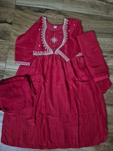 Red Anarkali embroidery set