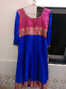 Blue Anarkali Kurta with Pink &amp; Gold Embellishment