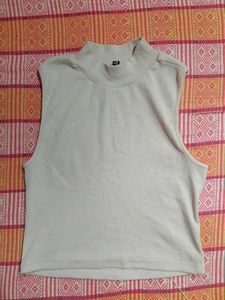 Beige Mock Neck Sleeveless Top