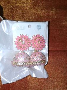 Pink Jhumka Earrings with Floral Design