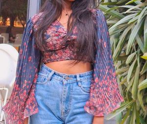 Floral Print Bishop Sleeve Crop Top💙