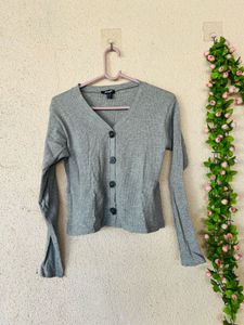 Grey Ribbed Button-Up Cardigan