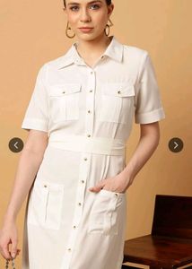 White Button-Down Shirt Dress with Belt