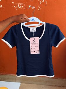 Navy Blue Cropped Top with White Trim