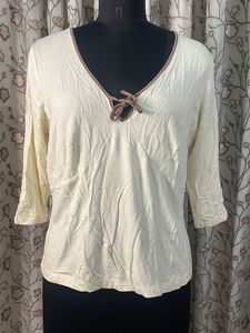 Cream 3/4 Sleeve Top with Tie Neck