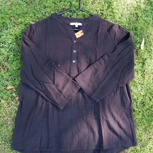 Crew Neck Long Sleeve Button- Up Top